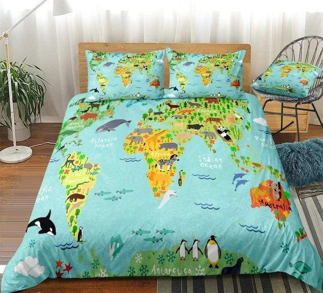 World Animal Map 3 Pieces Quilted Comforter Set