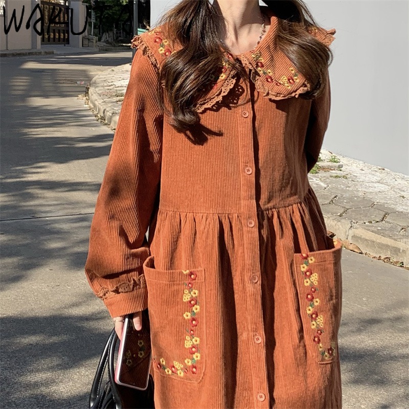 WAKUTA Vintage Japanese Sweet Embroidery Corduroy Long Dress 2021 New Girls Sweet Cute Dailywear Loose Pockets Floral Dresses alx