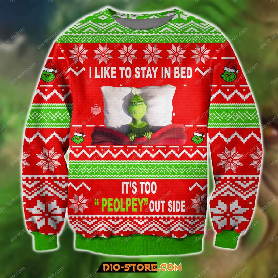 3D ALL OVER PRINT KNITTING PATTERN THE GRINCH I LIKE TO STAY IN BED UGLY CHRISTMAS SWEATER