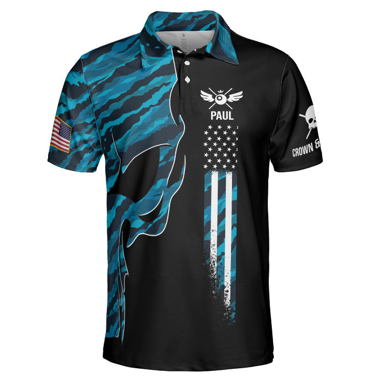 Skull Blue Camouflage Custom Billiard Shirts For Men, Men’S Billiard Polo Shirts, Custom Billiard Ball For Team Name