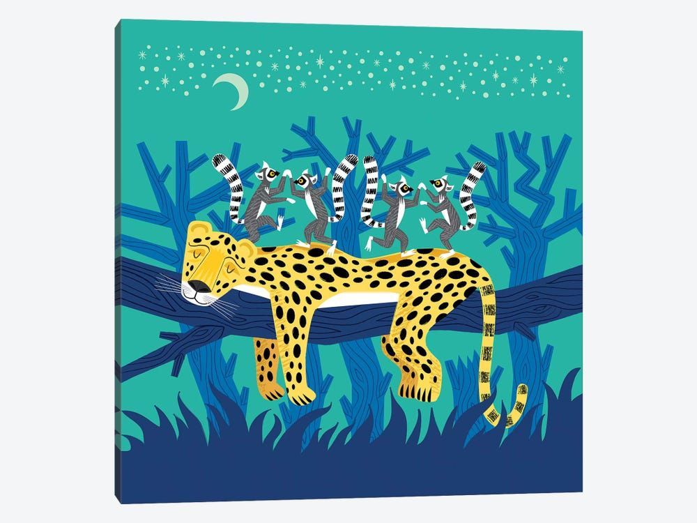 The Leopard And The Lemurs Canvas Poster 8″x12″ 12×18″ 18″x26″ 24″x36″ 30″x45″