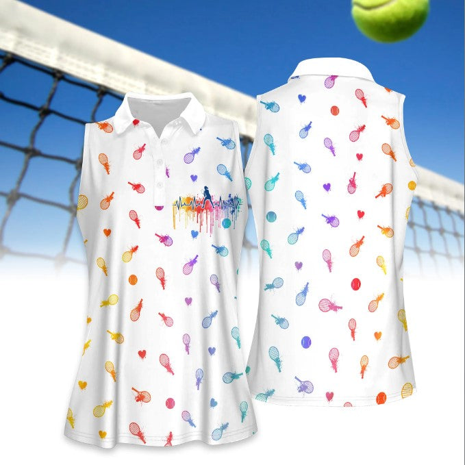 Women Tennis Heart Beat Water Color Women Short Sleeve Polo Shirt, Short Sleeve Polo Shirt For Women