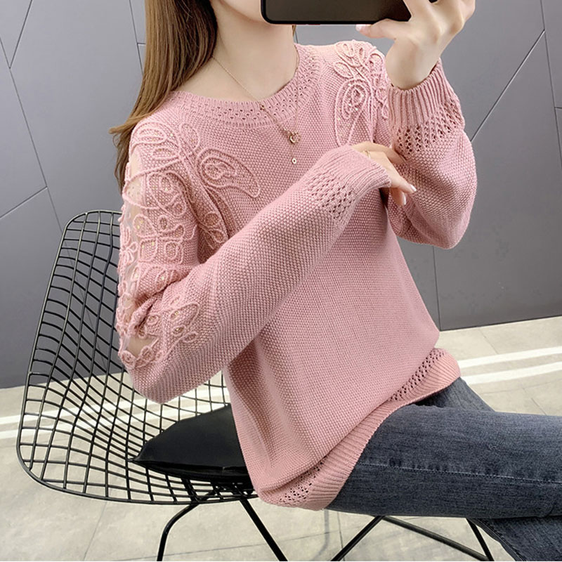 Sweater Women 2022 New Fashion Short Embroidered Pullover Lace Knitwear Thin Loose Openwork Trending Sweater Autumn and Winter alx