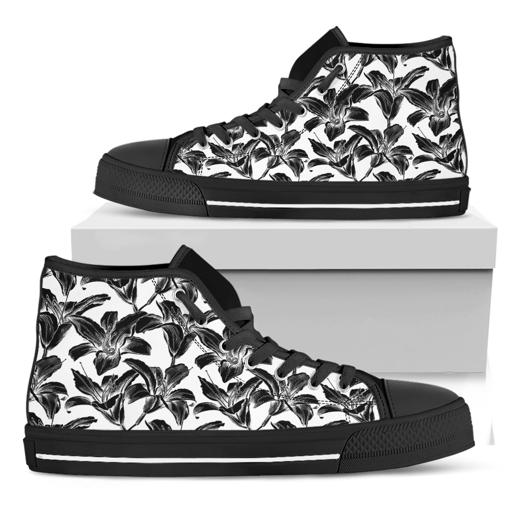 White And Black Lily Pattern Print Black High Top Shoes