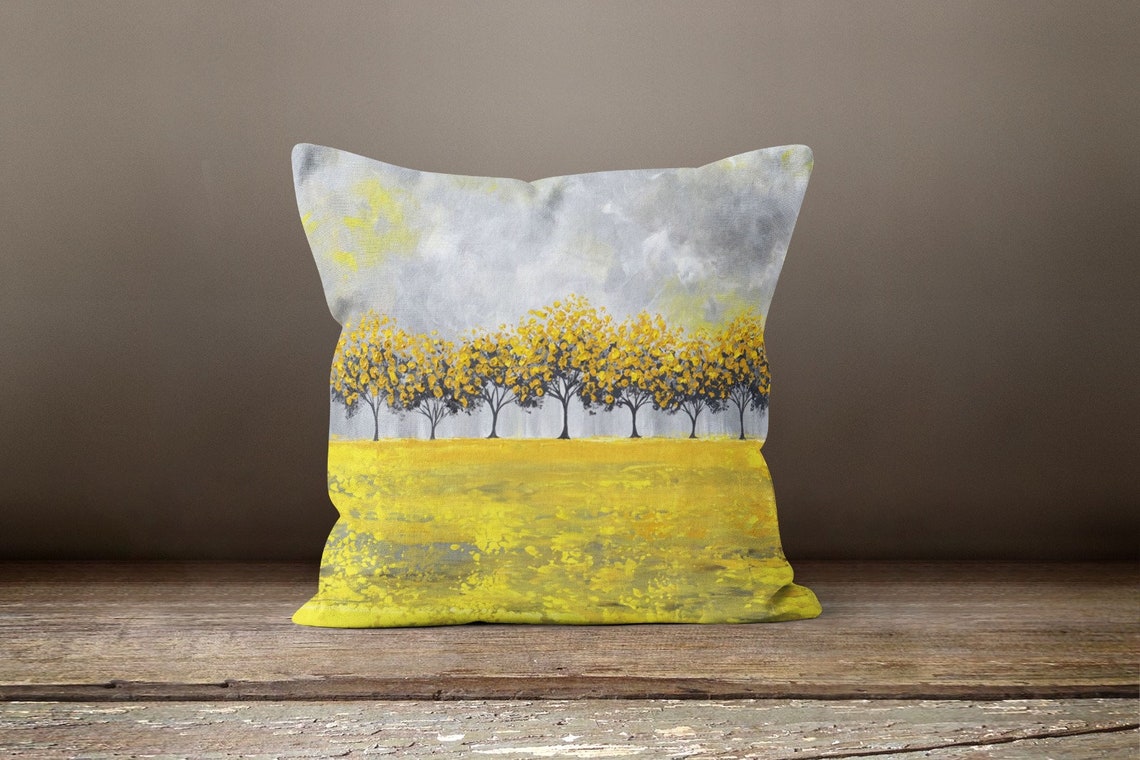 Yellow Floral Pillow, Gray Bird On Tree, Decorative Fall Pillow, Boho Bedding Home Decor, Housewarming Autumn Trend Pillow