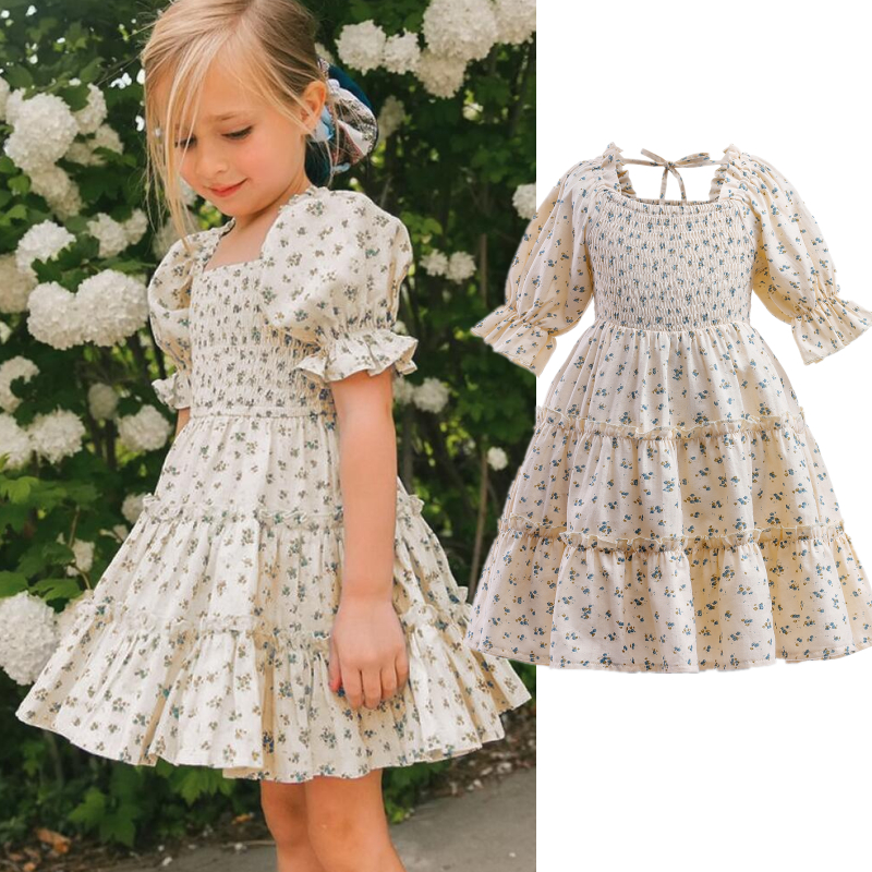 3-8 Years Girls Short Sleeve Floral Dresses Kids Girl Summer Casual Dress Children Toddler Girl Party Smocked Dress Vestidos alx