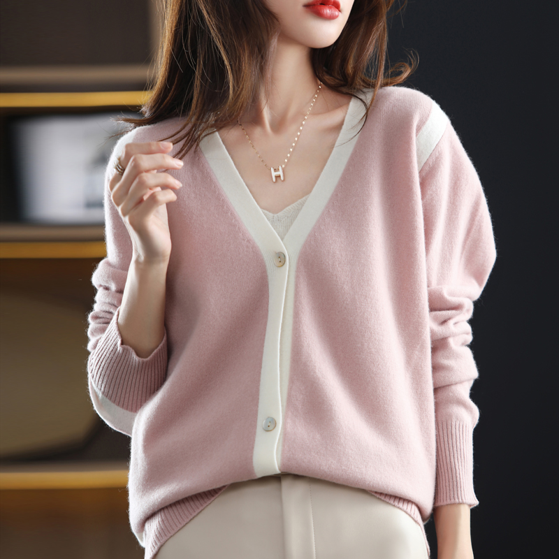 2022 Color-Blocking 100% Wool Cardigan Women’s Long-Sleeved V-Neck Sweater Loose All-Match Color-Blocking Knitted Jacket alx