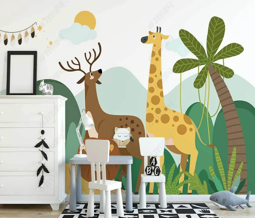 3D Cartoon Mountain Forest Animal Giraffe Elk Wall Mural Wallpaper Lqh 25