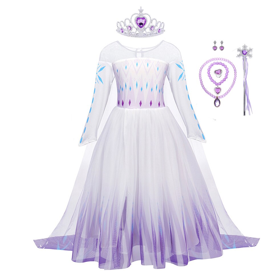 Autumn Winter Elsa Princess Cosplay Snow Queen Dress Girl White Long Sleeve Mesh Prom Gown Kids Birthday Halloween Party Costume alx