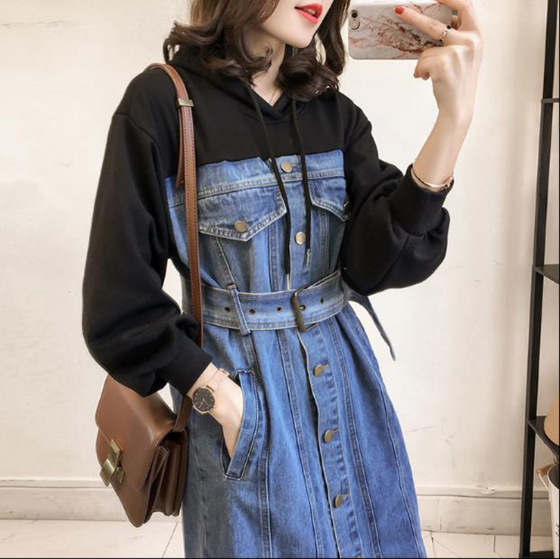 4xl Autumn Women Hooded Denim Long Dress Plus Size Slim Long Sleeve Korean Maxi Jean Dresses Large Size Ladies Frock Oversize alx