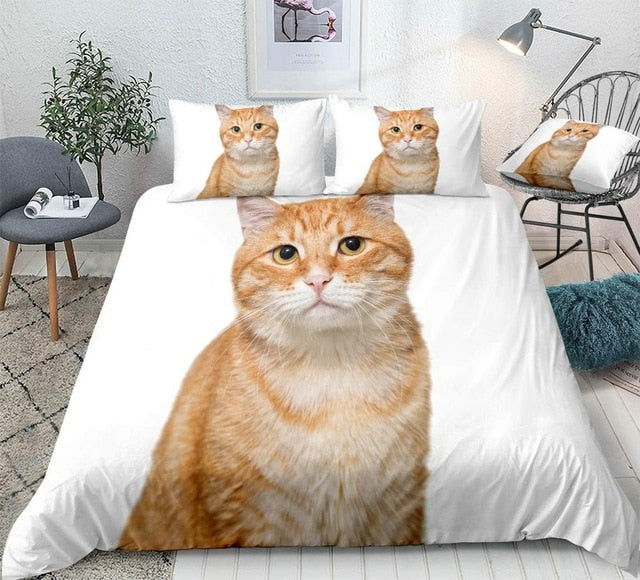 White Cute 3D Cute Cat Animals Duvet Cover Set, Microfiber Fabric, Twin/Full/Queen/King Bedding