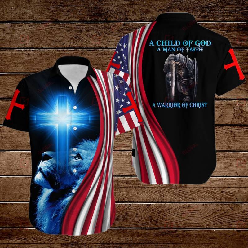 A Child of God a man of Faith a warrior of Christ American Flag Knight Lion Jesus ALL OVER PRINTED SHIRTS DH072502