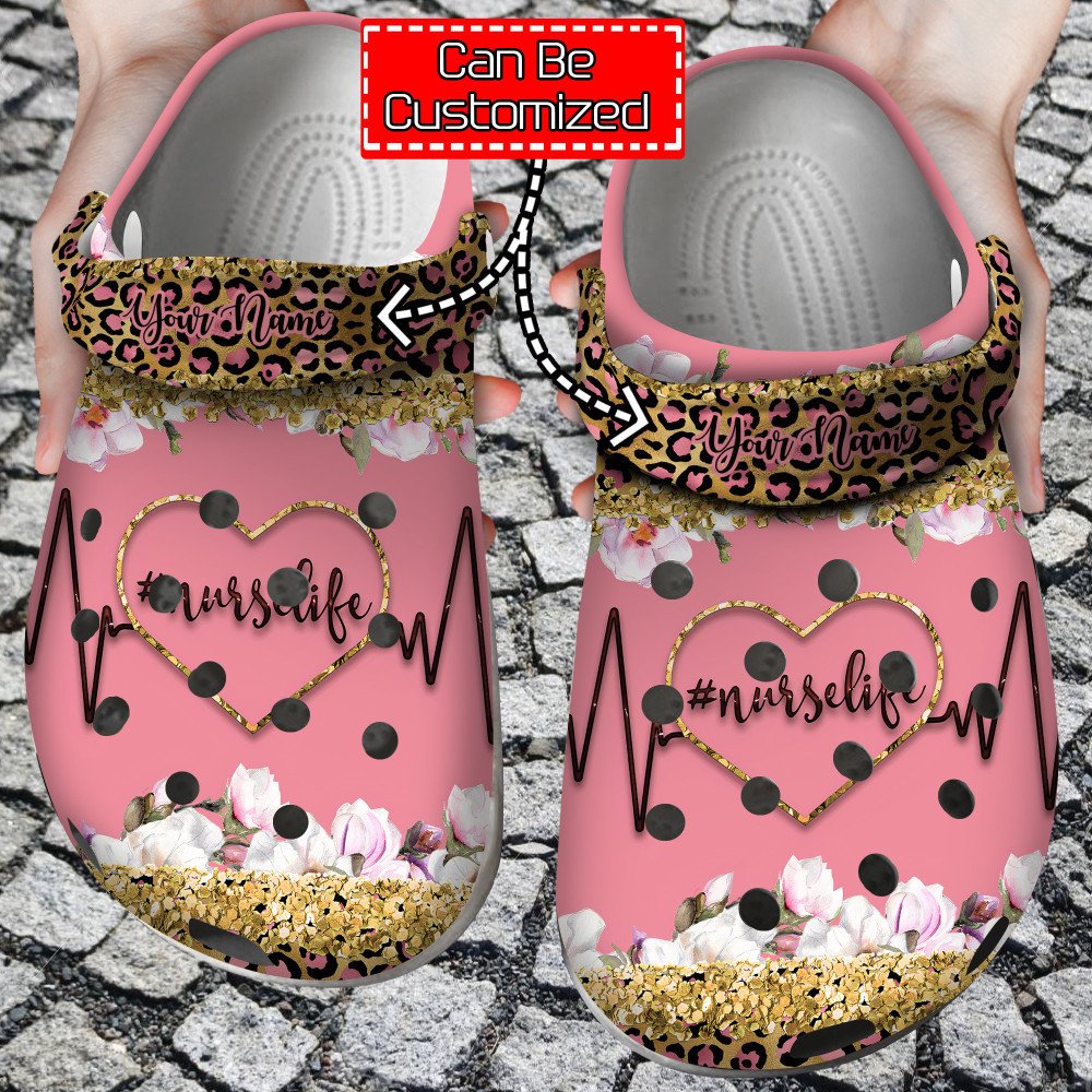 Nurse Crocs – Personalized Nurse Life Heart Glitter Leopard Clog Shoes For Men And Women