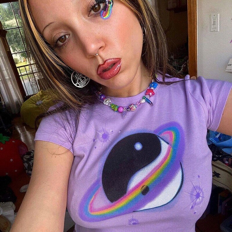 Purple Ying Yang y2k Crop Tee, summer punk e-girl cute graphic print crop top 2000s streetwear chic Harajuku Tee Slim y2k aesthetic T-shirt