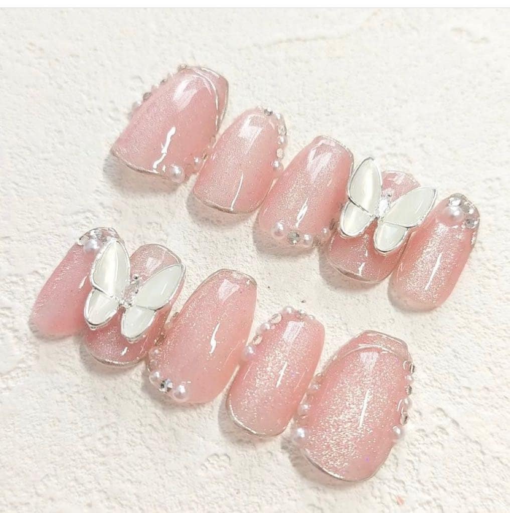 Glitter Gross Pink Pearl Butterfly Press On Nails/Pink Glitter Nails/Princess Nails/Cute Pink Nails/ Pink Butterfly Nails/ Fairy Nails #301