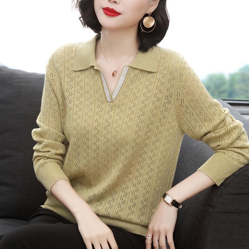 Spring Autumn Office Lady Solid Color Turn-down Collar Sweaters All-match Basic Long Sleeve Hollow Out Jumpers Women’s Clothing alx