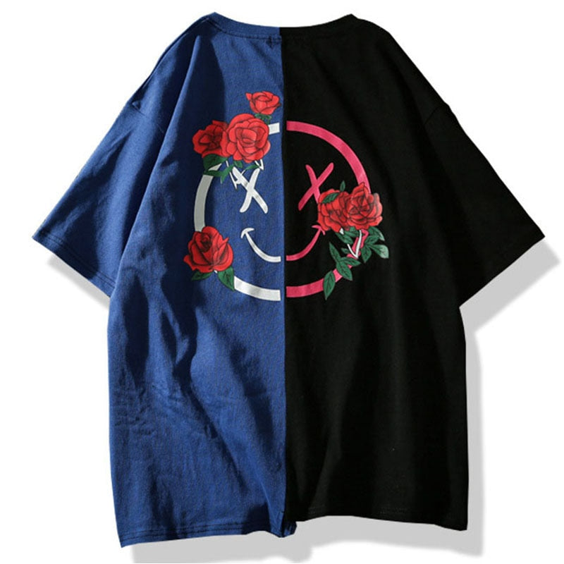 Smiley Flowers Printed Hip Hop Streetwear Loose Tees