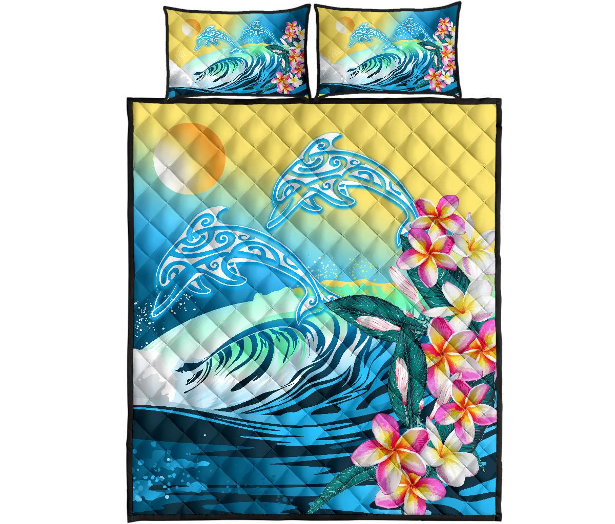 Hawaii Dolphin Plumeria Surfing Polynesian Quilt Bed Set – Muriel Style – AH – J2