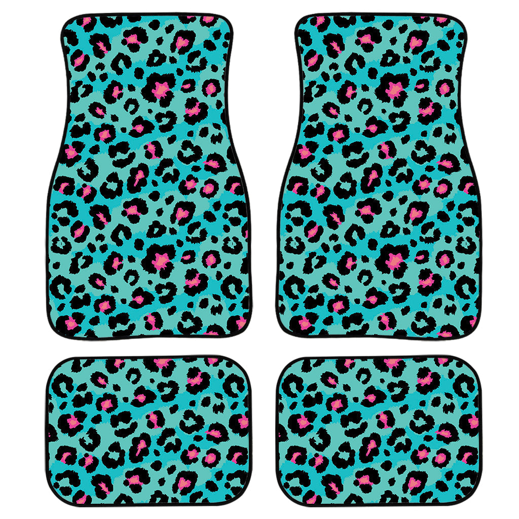 Turquoise And Pink Leopard Print Front And Back Car Floor Mats, Front Car Mat