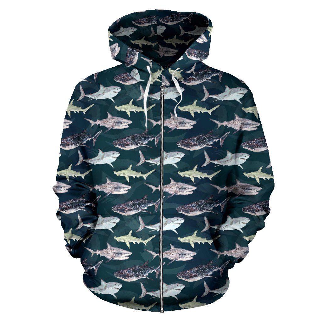 Shark Pattern Print Zip Up Hoodie