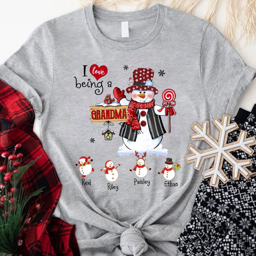 Personalized I Love Being Grandma Christmas Shirt, Xmas Little Snowmen Nana Shirt Custom Name, Christmas Snowman Grandma Nana Mimi Shirt