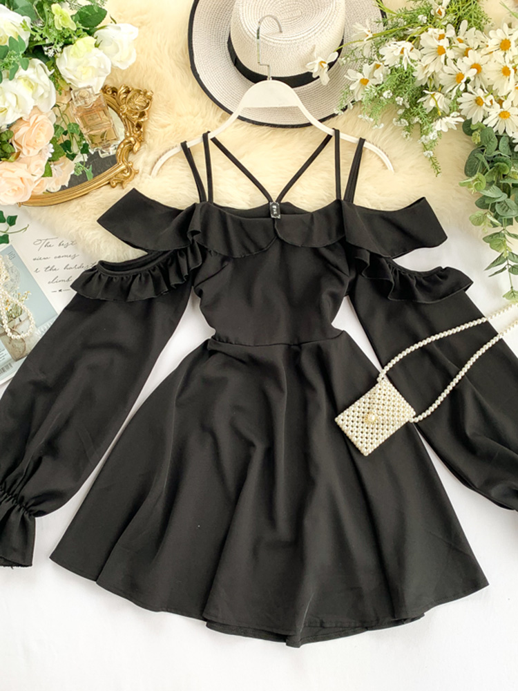 Women’s Spring Summer 2022 New Dress Hollow Shoulder Ruffled Puff Sleeve A-line Dress Women Empire Slash Neck Short Dress ML733 alx