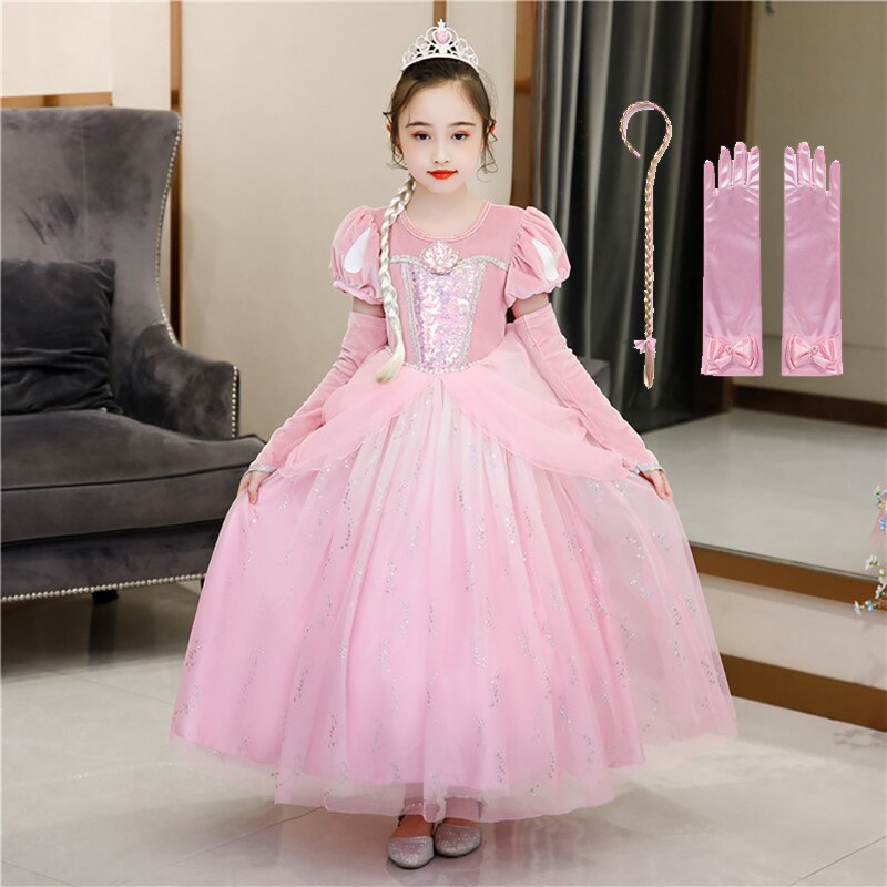 VOGUEON Pink Mermaid Princess Dress Girls Sequined Shell Beading Costume Kids Velvet Puff Sleeve Luxury Ariel Children Clothing alx