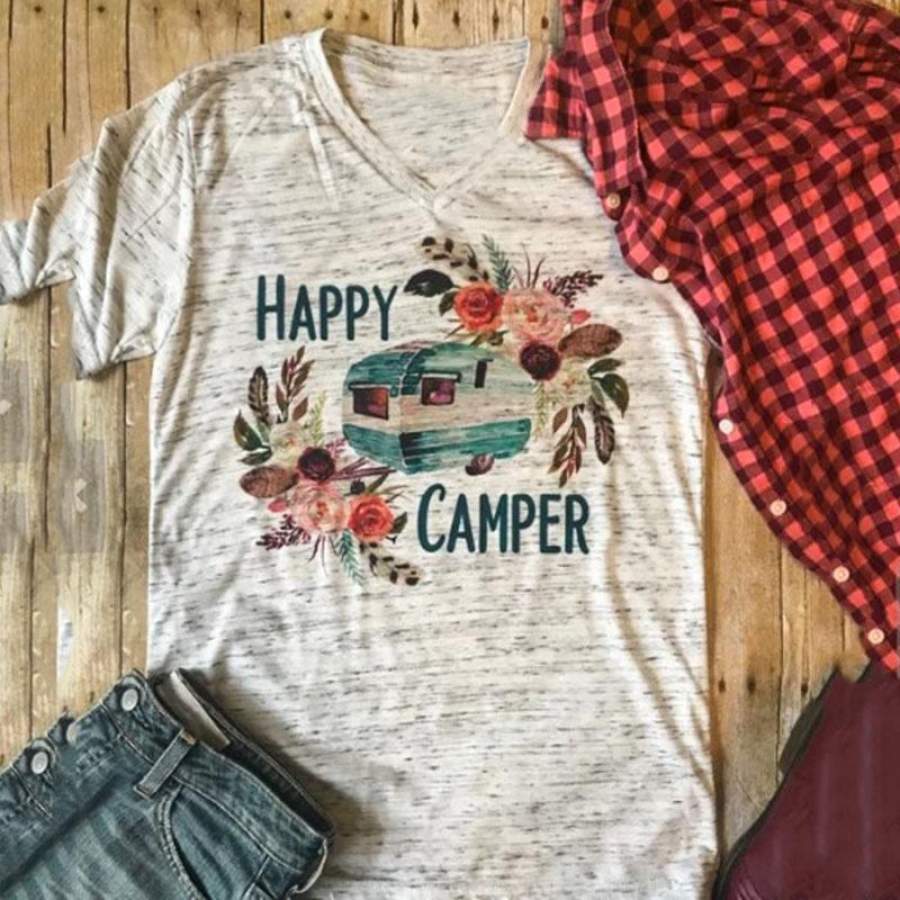 Women’S Fashion Casual Printed Letter Happy Camper Shirts Summer Short Sleeve V Neck Tee Tops For Ladies