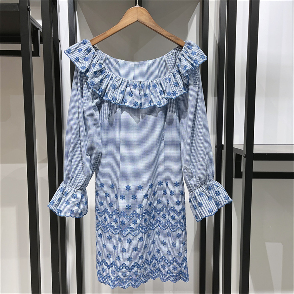 Women Mini Dress Ruffles Square Collar Plaid Embroidery Floral Prairie Chic High Waist Puff Sleeve Female Robe alx