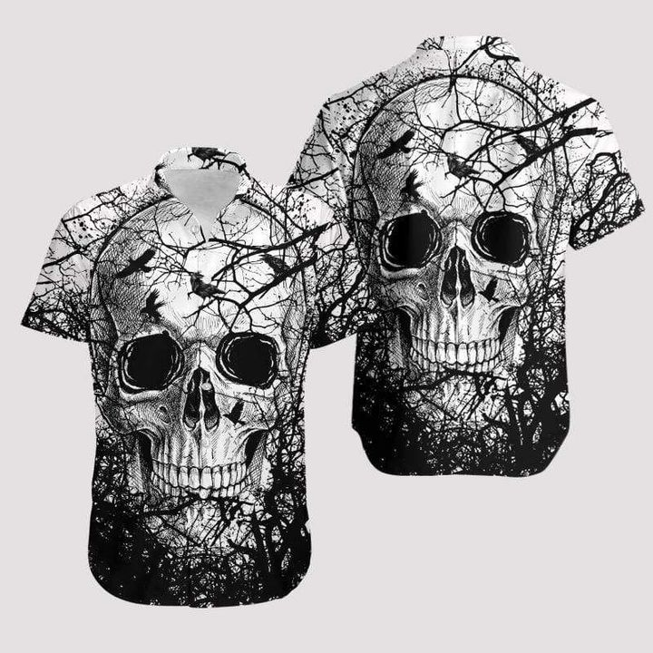 Skull Crow Black White Print Hawaii Aloha Shirts Ha73078