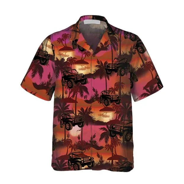 Waybackapparel Jeep Tropical Palm Trees Beach At Sunset Pattern 3D Hawaiian Shirt