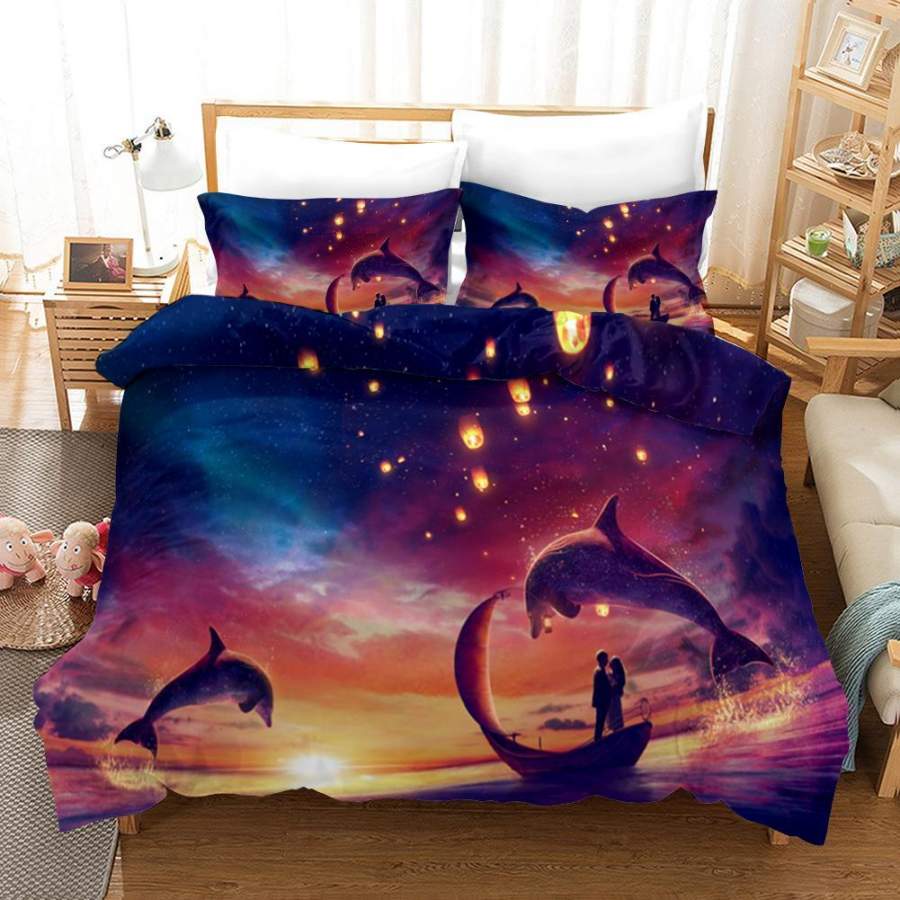 3D Purple Sky Dolphin Quilt Cover Set Bedding Set Pillowcases 3