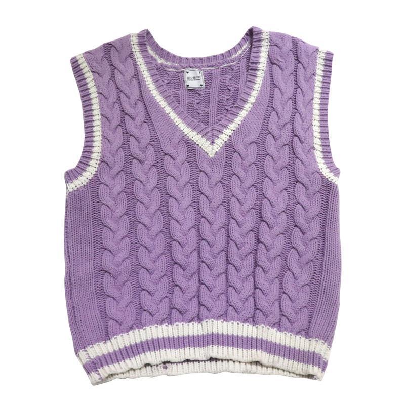 Sweater Vests Women Simple Knitwear Purple White Kawaii Casual Chic Preppy Style Korean All-match Loose Sleeveless Autumn Retro alx