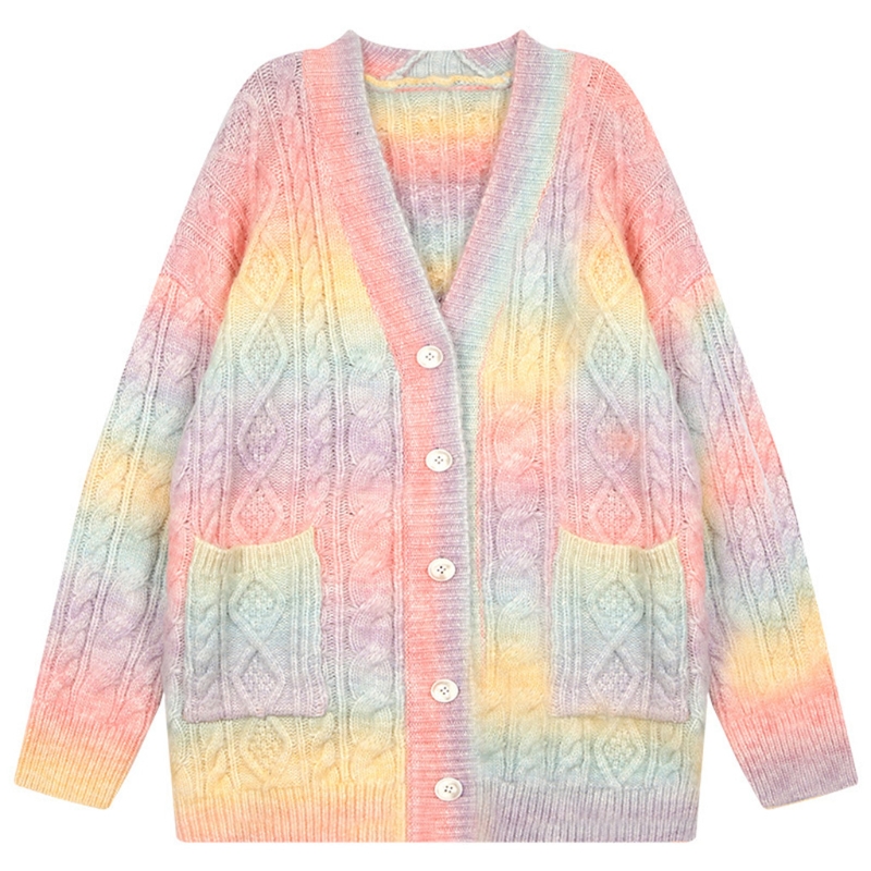 Women Rainbow Knitted Cardigan Long Sleeve Button Down Open Front Sweater Knee Length Loose Tops Coat Jacket Outerwear alx