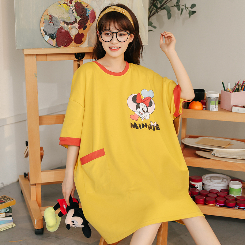 Summer Anime Minnie Mouse Pyjama Disney Femme Cotton Pocket Short Sleeve Loose Soft Night Dress for Women Kawaii Sleepwear Lady alx