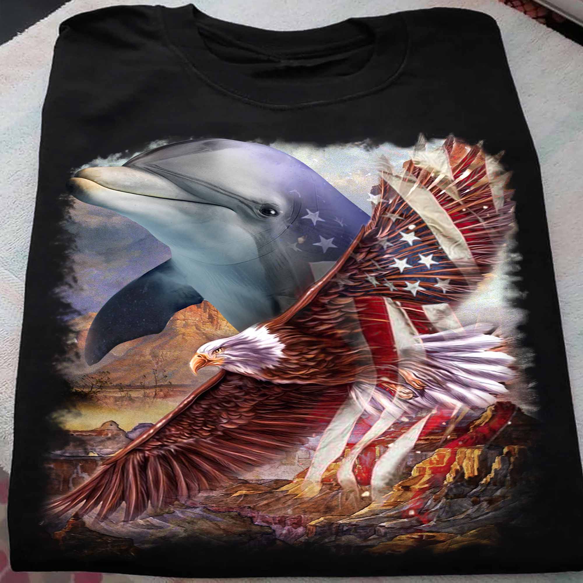 Dolphin And Eagle American Patriot Independence day- Standard T-shirt Black S M L XL 2XL 3XL 4XL 5XL 2009