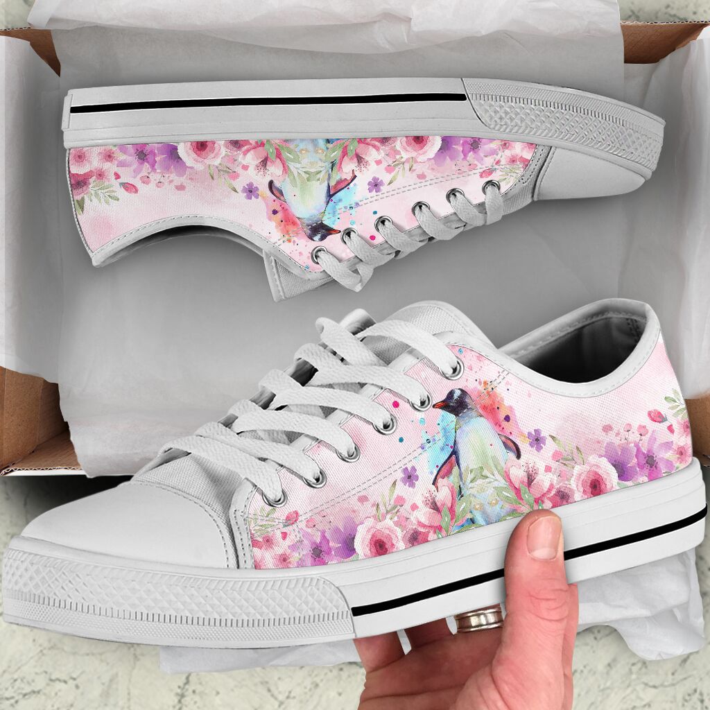 Penguin Pink Flower Low Top Personalized Shoes Custom Name, Text For Women, Men