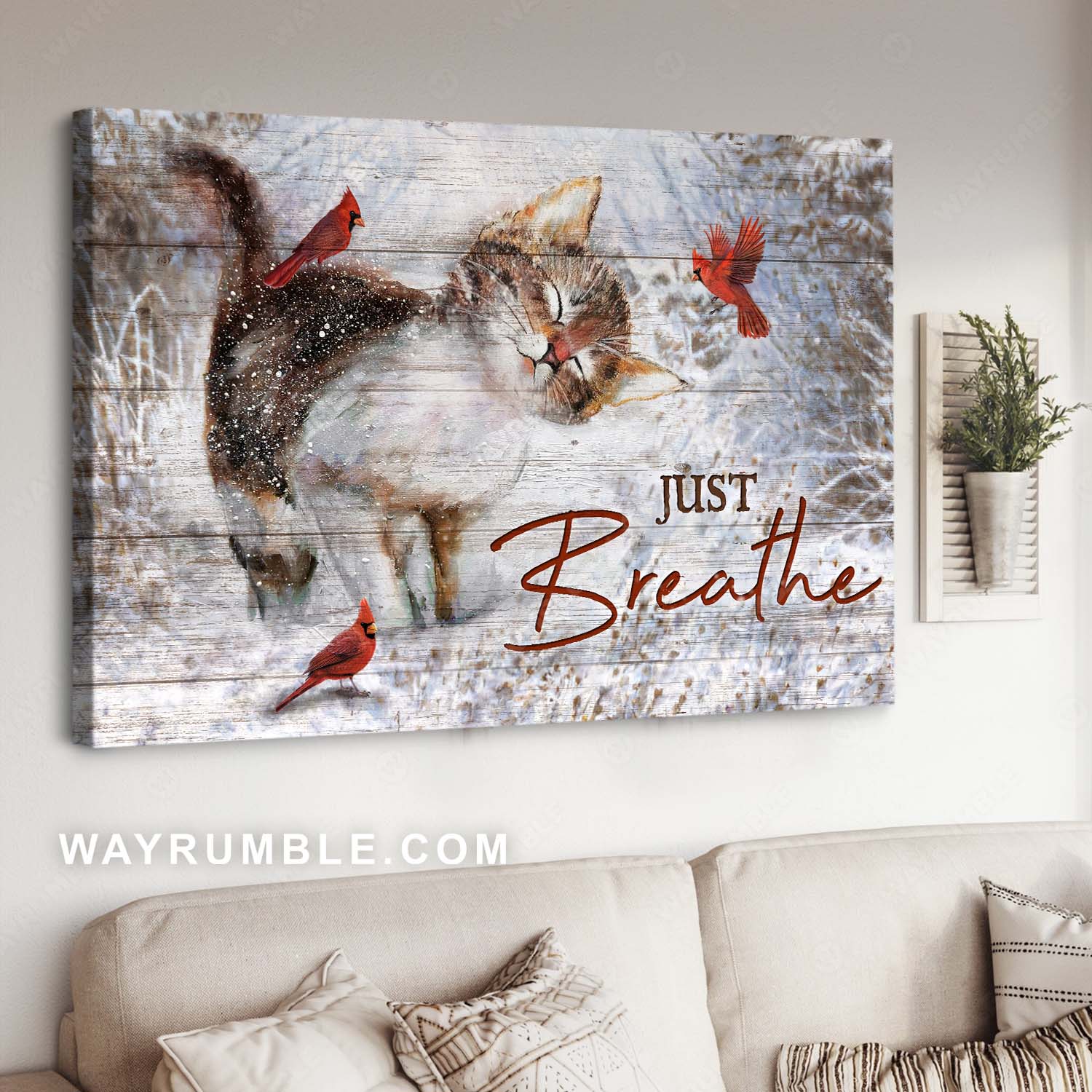 Cat Painting, Lovely Kitten, Red Cardinal, Winter Season Drawing, Just Breathe – Jesus Landscape Canvas Prints, Home Decor Wall Art