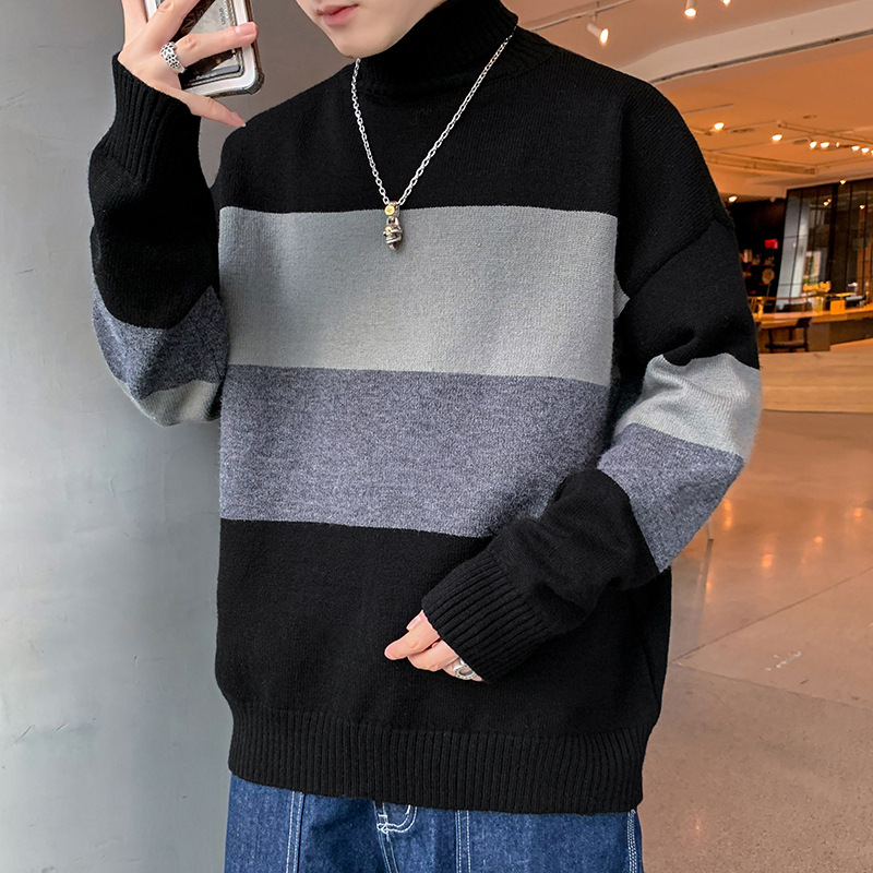 Turtleneck Sweaters Men Pullover Jumpers Wide Stripe High Neck Sweaters Men Autumn Winter Warm Knitted Sweater Men Clothing Tops alx