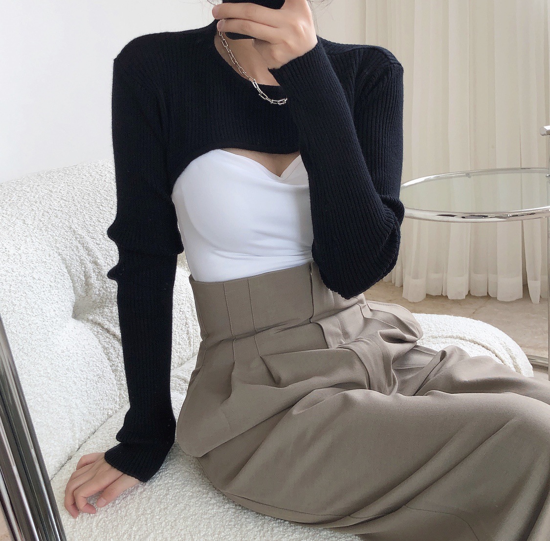 Asymmetrical Knit Cropped Tops Pullover Bolero Shrugs Women Cut Out One Piece Sleeve Tops alx