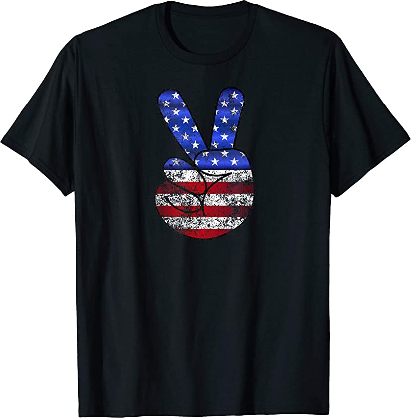 Vintage USA Flag Peace Sign Hand Symbol 4th of July Gift T-Shirt