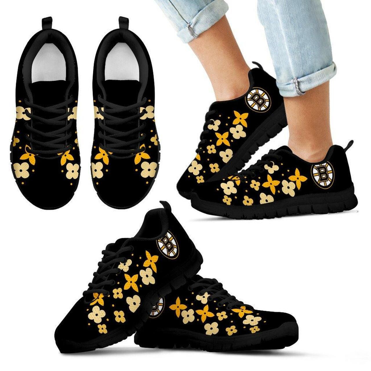 Flowers Pattern Boston Bruins Sneakers Running Shoes For Men, Women Shoes7274