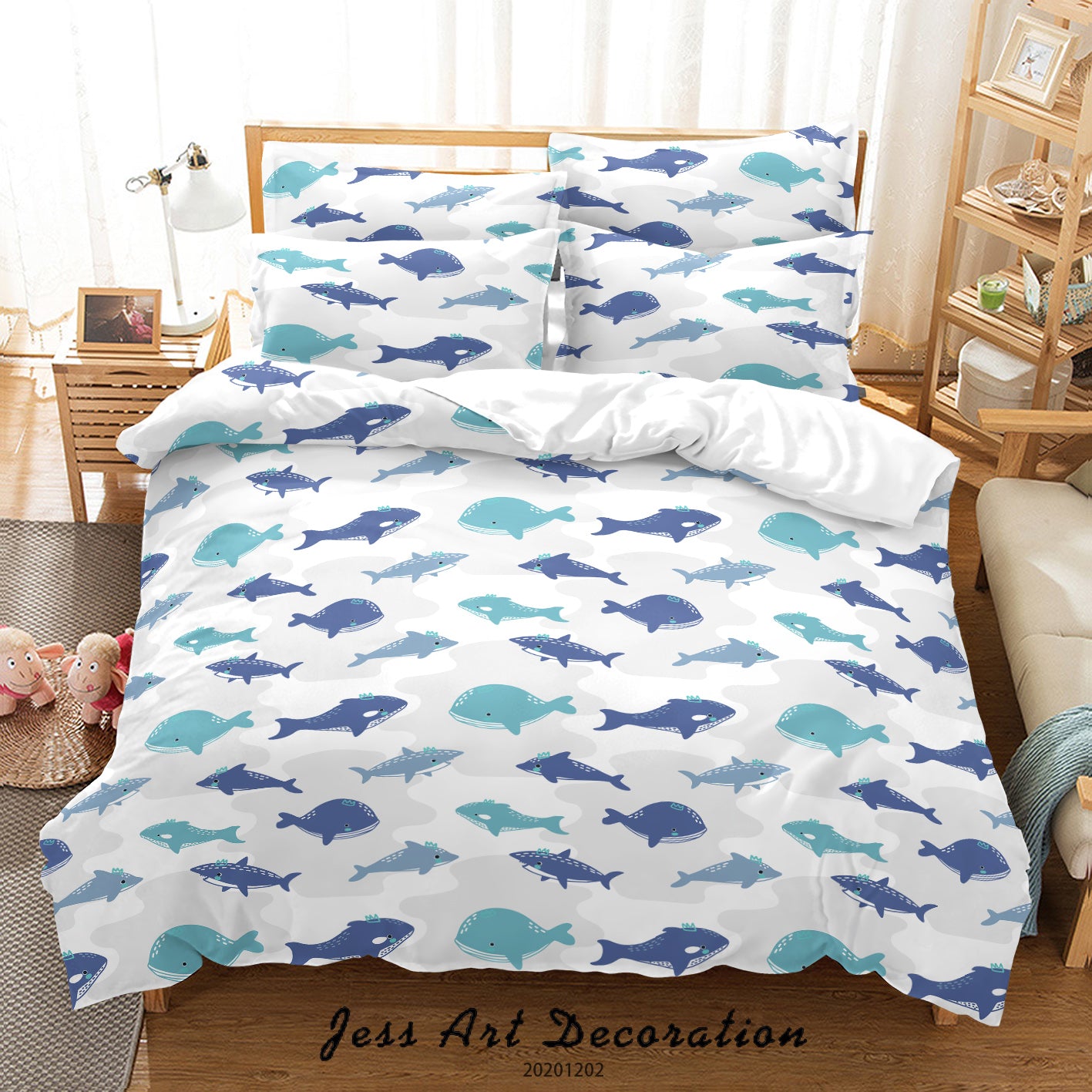 3D Cartoon Blue Ocean Shark Whale Fish Pattern Quilt Cover Set Bedding Set Duvet Cover Pillowcases Lxl