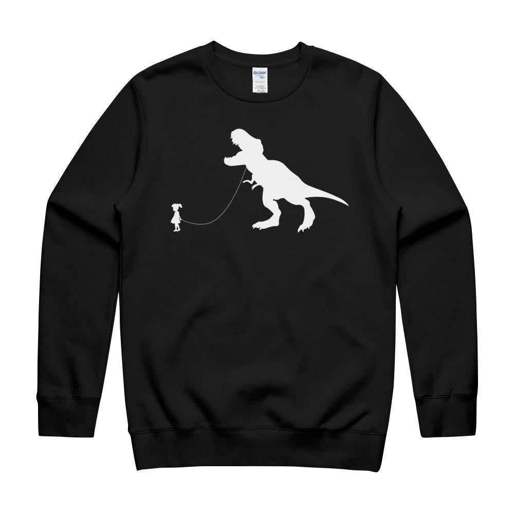 T-Rex Dinosaur Pet On A Leach Led By A Girl T-Shirt Crewneck Sweatshirt