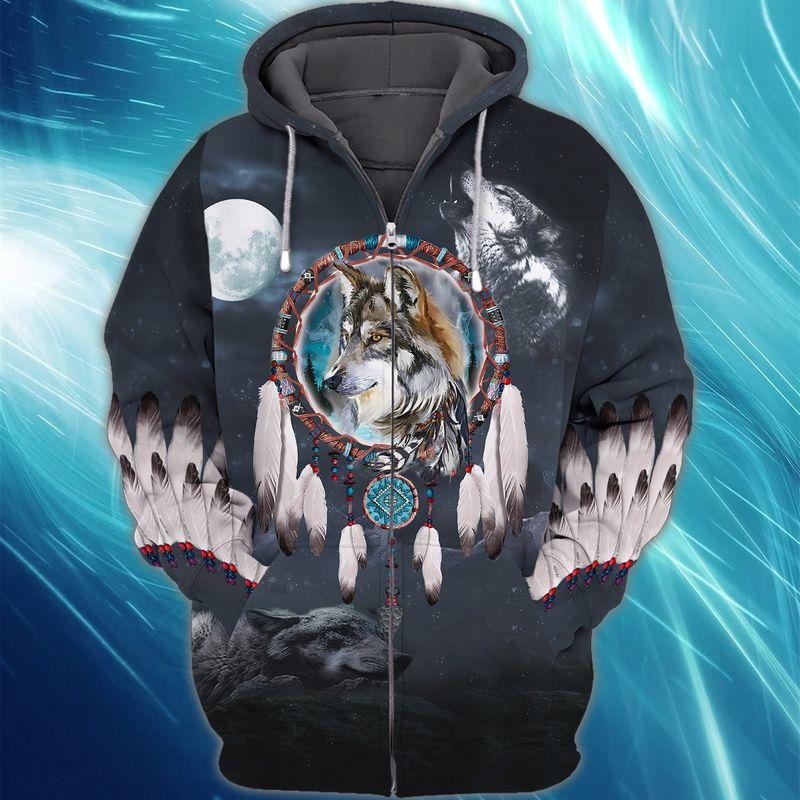 Native American Wolf Under The Moonlight 3D Zipper Hoodie