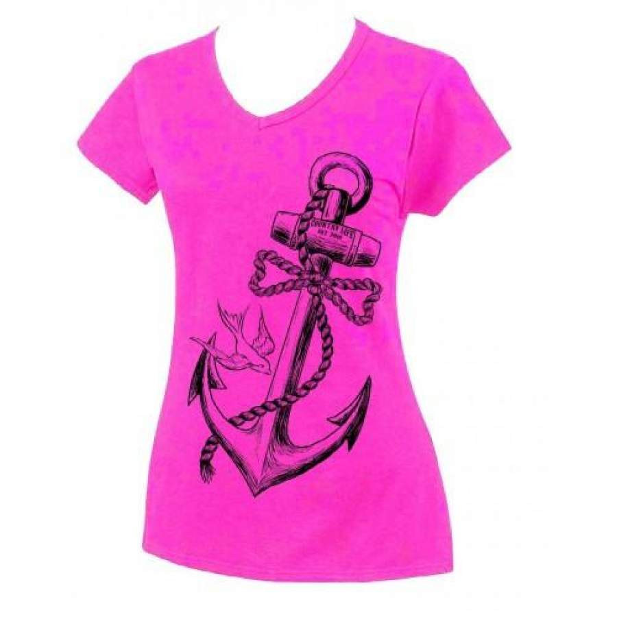 Country Life Outfitters Anchor Bow Pink Fitted V Cut Vintage Girlie Bright T Shirt