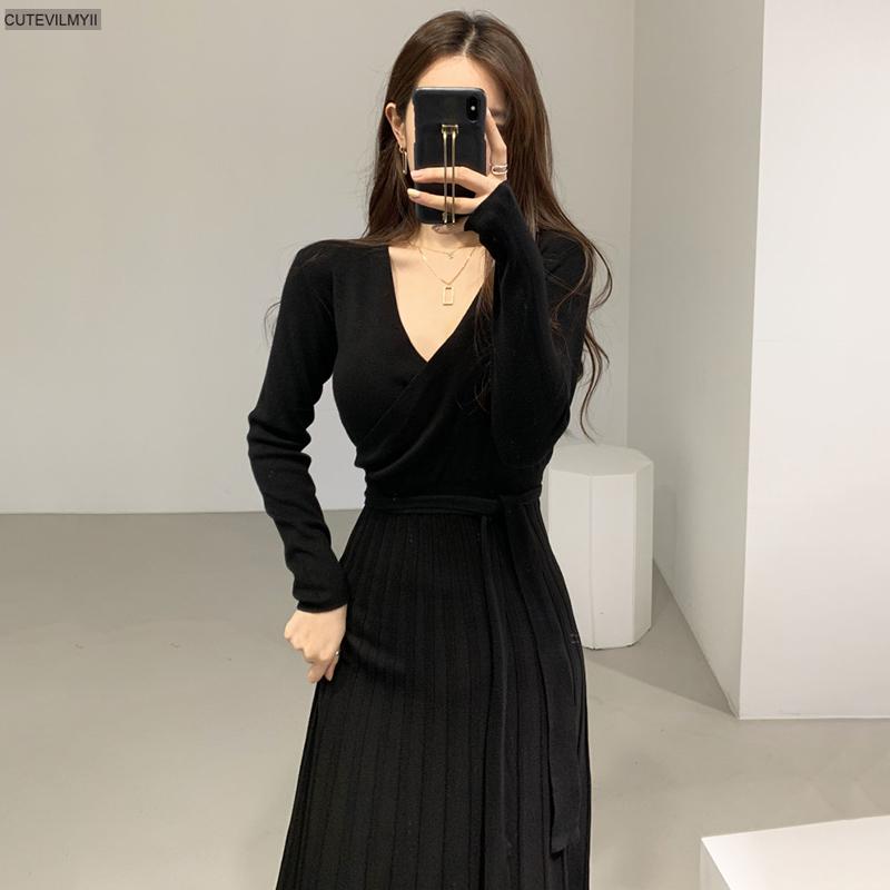 Stretchy Women Knitted Bodycon Pencil Dress Autumn Winter Solid Vestidos Long Sleeve V Neck Slim Lady Chic Korean Dress alx