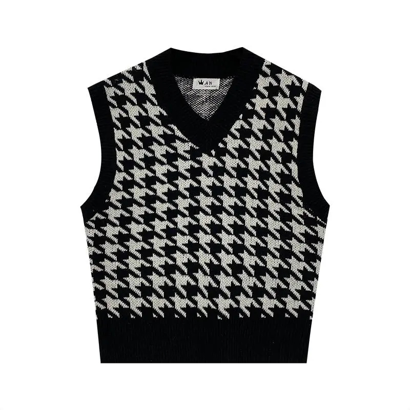 Women Sweater Vest Autumn Houndstooth Plaid V-neck Sleeveless Knitted Vintage Loose Oversized Female Sweater Vest Women Clothing alx