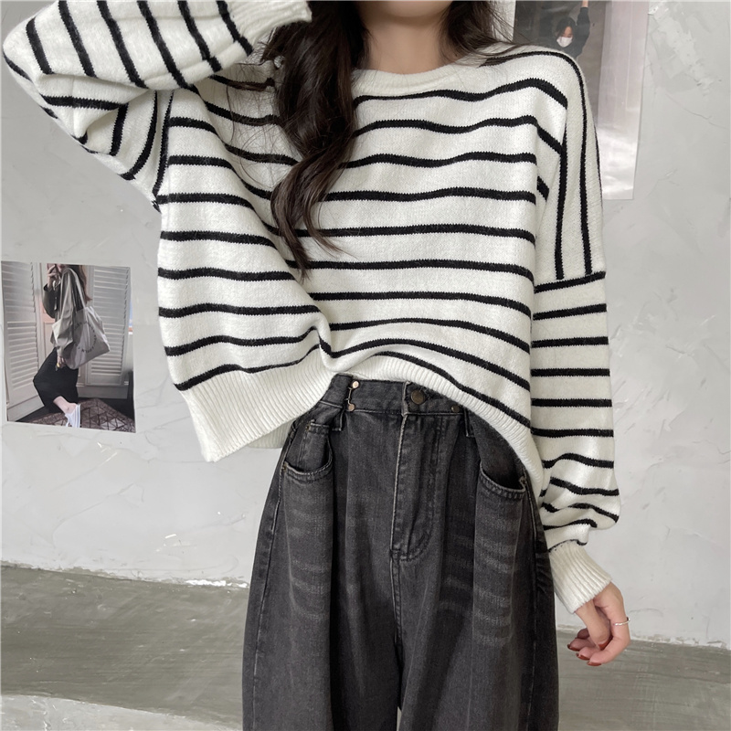 Women New Four-color Striped Knitted Sweater Casual Round Neck All Match Autumn Long Sleeve Loose Knitting Sweater Coat Top alx