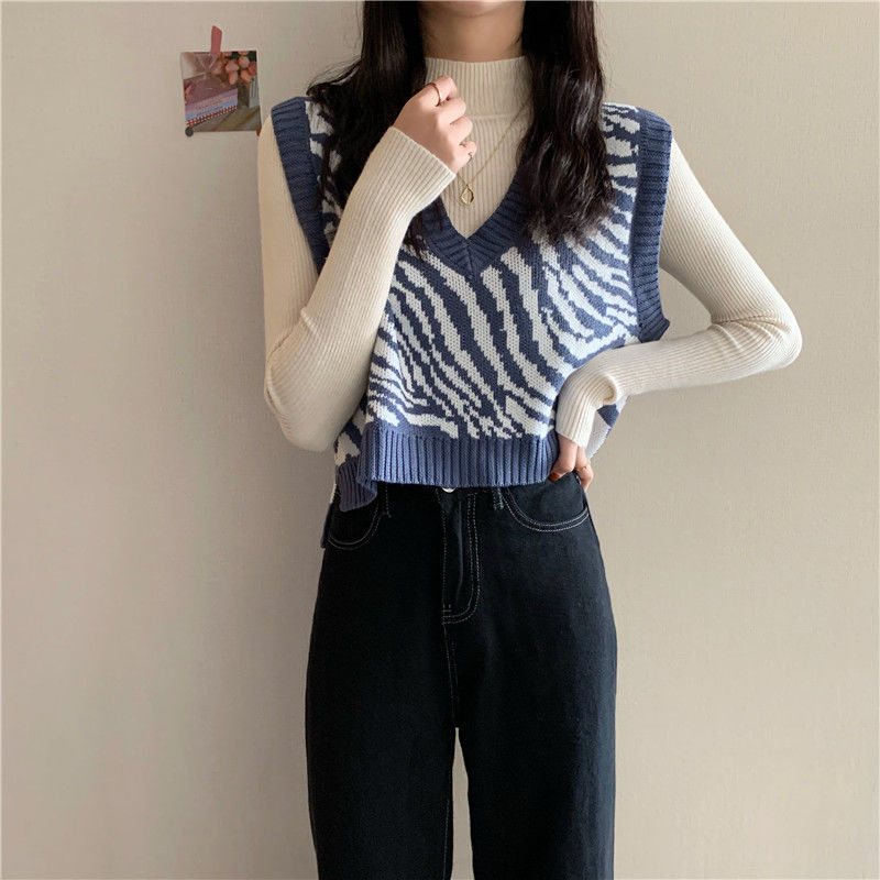 Women Sweater Vest Zebra Striped V-neck Short Sleeveless Knitted Sweaters Female Simple All-match Ins Chic Basic Korean Style alx